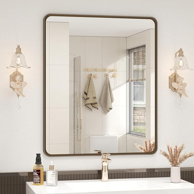 OKPAL 20x24 Bronze Bathroom Vanity Mirror, Brushed Metal Framed Bathroom Mirror, Rounded Bronze Rectangle Mirror for Farmhouse, Bedroom, Anti-Rust (Horizontal/Vertical)