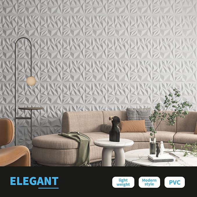 Art3d 33-Pack 3D Wall Panels for Interior Wall Decor, Modern Diamond Textured Accent Wall Paneling for Gaming Living Room TV Wall Background, 12 x 12 inch White, A10342