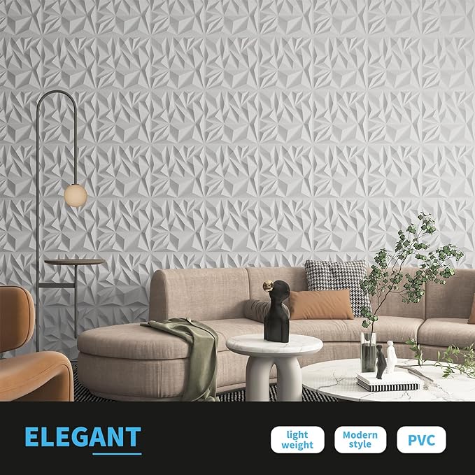 Art3d 50-Pack 3D Wall Panels for Interior Wall Decor, Modern Diamond Textured Accent Wall Paneling for Gaming Living Room TV Wall Background, 12 x 12 inch White