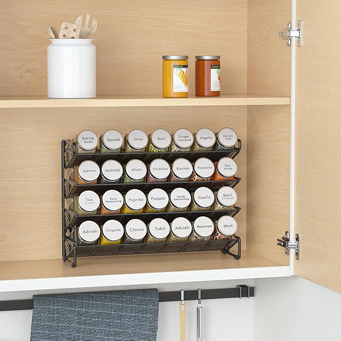 SpaceAid Spice Rack Organizer with 28 Spice Jars, 386 Spice Labels, Chalk Marker and Funnel Set for Cabinet, Countertop, Pantry, Cupboard or Door & Wall Mount - 28 Jars, 13.4