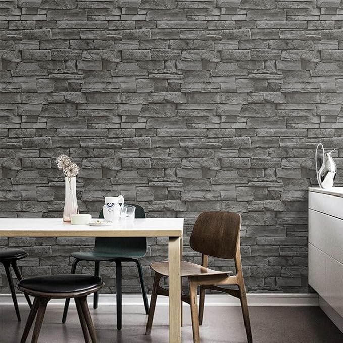 Abyssaly Dark Grey Stone Brick Wallpaper Peel and Stick Backsplash Self-Adhesive Removable Contact Paper Stick on Wall Panels Faux 3D Stone Look Brick Shelf Paper Home Decorations 17.71" X 393.7"
