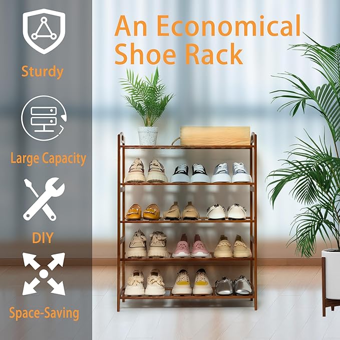 5 Tier Bamboo Shoe Rack, Free Standing Shoes Rack Shoe Shelf Shoe Organizer for Closet, Entryway, Bedroom, Living Room, Front Door, Studio, Bathroom