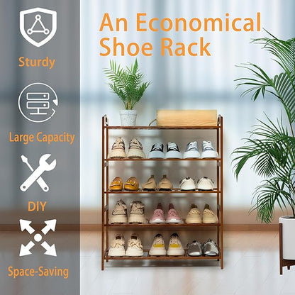 5 Tier Bamboo Shoe Rack, Free Standing Shoes Rack Shoe Shelf Shoe Organizer for Closet, Entryway, Bedroom, Living Room, Front Door, Studio, Bathroom