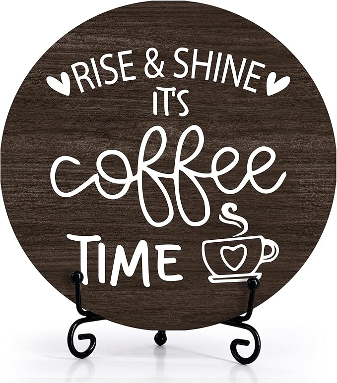 Coffee Desk Decor Sign, Farmhouse Wood Plaque, It Is Coffee Time Wood Sign, Cafe Lover Gifts, Decor For Home Kitchen Table Top, Wooden Round Decorations With Stand-17