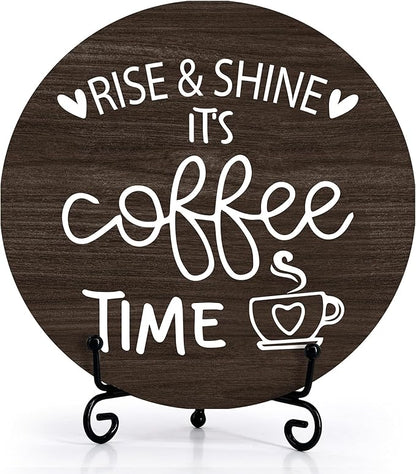 Coffee Desk Decor Sign, Farmhouse Wood Plaque, It Is Coffee Time Wood Sign, Cafe Lover Gifts, Decor For Home Kitchen Table Top, Wooden Round Decorations With Stand-17