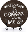 Coffee Desk Decor Sign, Farmhouse Wood Plaque, It Is Coffee Time Wood Sign, Cafe Lover Gifts, Decor For Home Kitchen Table Top, Wooden Round Decorations With Stand-17
