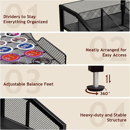 Coffee Bar Organizer - Coffee Station for Countertop, Metal and Wood K Cup holder Storage Basket with Drawer for Syrup, Cups, Stirrer, Condiment, Tea Organizer, Black