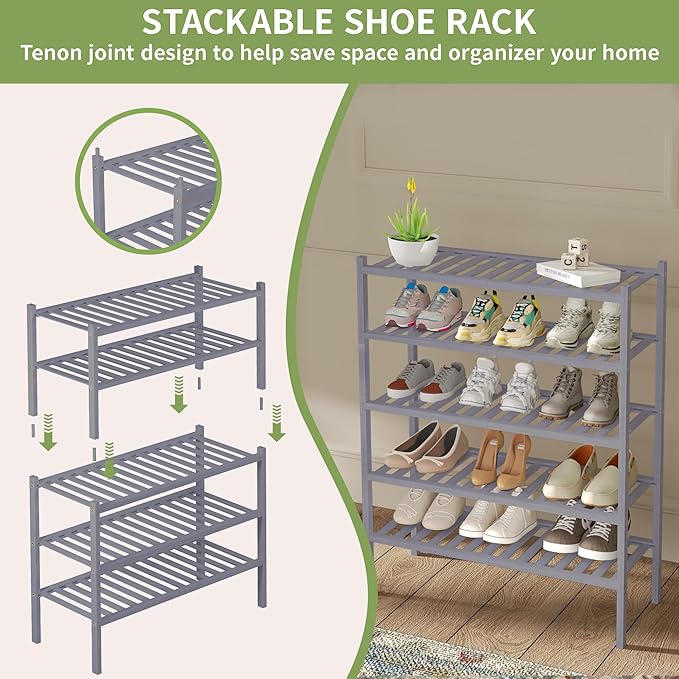 2 Tier Bamboo Shoe Rack for Closet Free Standing Wood Shoe Shelf for Entryway Small Space Stackable 27