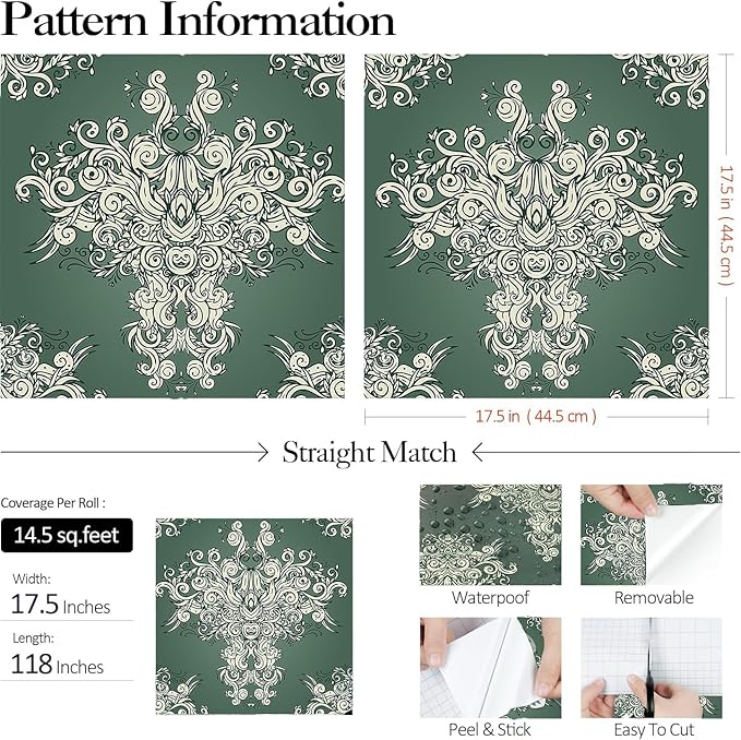 FunStick Damask Wallpaper Peel and Stick Vintage Green Victorian Wallpaper Removable Antique Dark Floral Wall Paper for Bathroom Waterproof Beige Damask Contact Paper for Walls Cabinets 17.5"x118"
