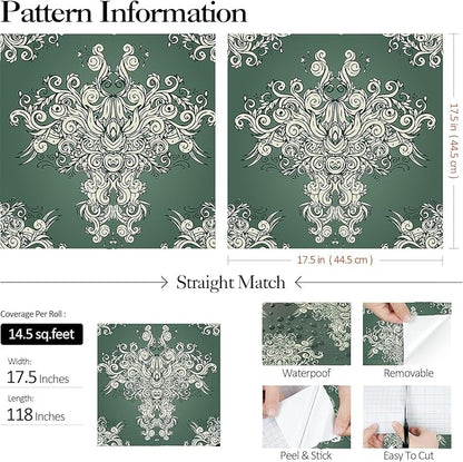 FunStick Damask Wallpaper Peel and Stick Vintage Green Victorian Wallpaper Removable Antique Dark Floral Wall Paper for Bathroom Waterproof Beige Damask Contact Paper for Walls Cabinets 17.5"x118"