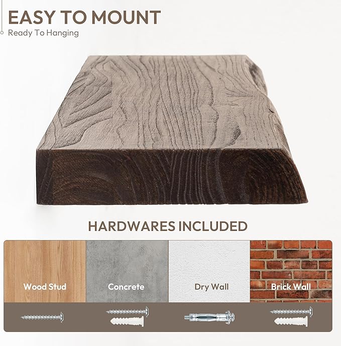 Marsmiles 30 inch Floating Shelves for Wall Elm Wood Live Edge Shelves|Rustic Wall Shelves with Invisible Heavy-Duty Bracket for Bathroom Living Room Kitchen|Walnut, 2 Pack