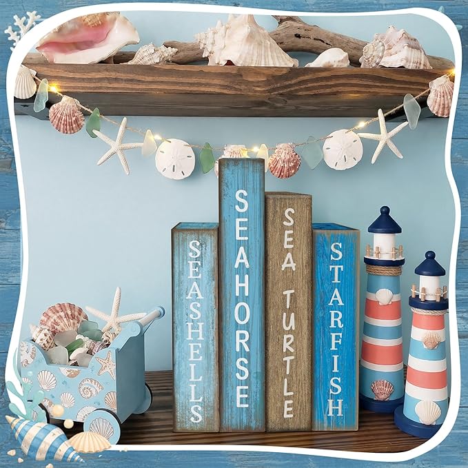 4 Pcs Summer Table Decoration Wooden Book Coastal Beach Decoration Blue and White Summer Tiered Tray Decor Wood Book Sign Farmhouse for Ocean Party Home Shelf Coffee Table