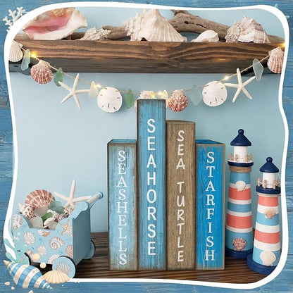 4 Pcs Summer Table Decoration Wooden Book Coastal Beach Decoration Blue and White Summer Tiered Tray Decor Wood Book Sign Farmhouse for Ocean Party Home Shelf Coffee Table