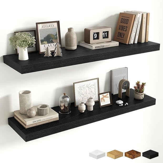 Fun Memories Floating Shelves Set of 2, 40 Inch Long Wooden Wall Shelves, 10 Inch Deep Wall Mounted Storage Shelf with Metal Brackets for Living Room, Bathroom, Bedroom and Kitchen, Black