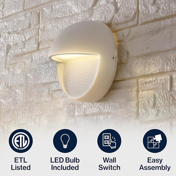 JONATHAN Y 6.25" White Modern Round Outdoor Integrated LED Wall Sconce Light, Metal/Glass Waterproof Exterior Downlight for Porch, Patio, and Entryway, ETL Listed (JYL7441D)