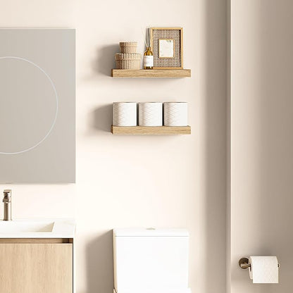 Ballucci Floating Shelves, 16" Wood Wall Shelf Set of 2, Invisible Brackets Floating Shelf Bathroom Wall Decor, Living Room, Bedroom, Kitchen, Nursery, 6" Deep, Natural Oak