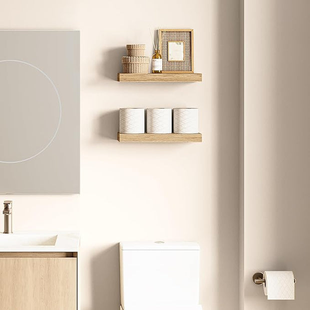 Ballucci Floating Shelves, 16" Wood Wall Shelf Set of 2, Invisible Brackets Floating Shelf Bathroom Wall Decor, Living Room, Bedroom, Kitchen, Nursery, 6" Deep, Natural Oak