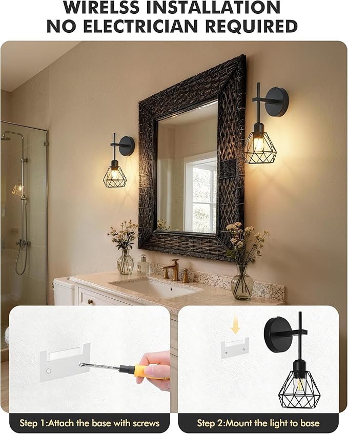 Black Hollow Wireless Battery Operated Wall Sconces Set of 2, 8000mAh Rechargeable Dimmable Wall Light with Remote, Cordless Battery Powered Lamp Decor Fixture for Bedroom Living Room Hallway
