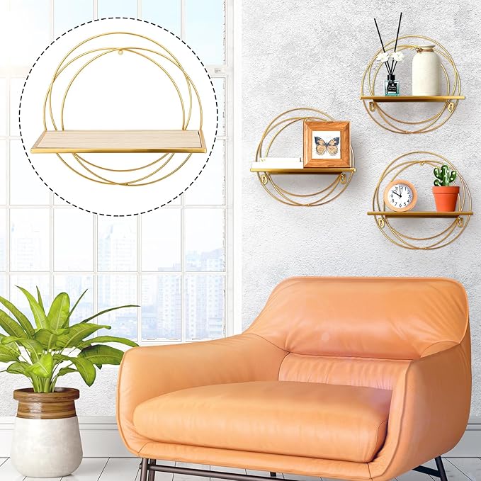 3 Pcs Gold Floating Shelves Wall Mounted Hanging Shelf with Gold Metal Wire and Wood, Foldable Round Shelf Wall Decor for Storage Bedroom Bathroom Living Room Kitchen Office Home Decoration
