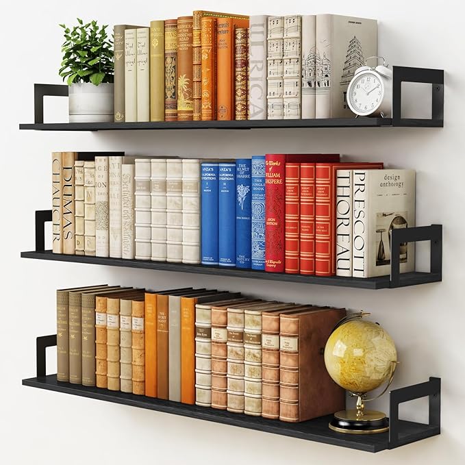 Large Floating Book Shelves for Wall Set of 3, 36 Inch Long Wall Mount Bookshelf for Bedroom, Heavy Duty Wood Hanging Bookshelves for Books, Laundry Living Room Classroom Library -Black