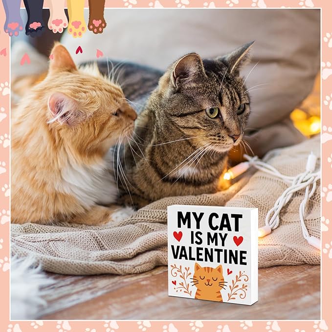 Cat Desk Decor, Gifts for Cats Lover Women Men Pet Parent, Funny Cats Home Office Table Sign Decoration for Room Shelf Station Counter, My Cat Is My Valentine