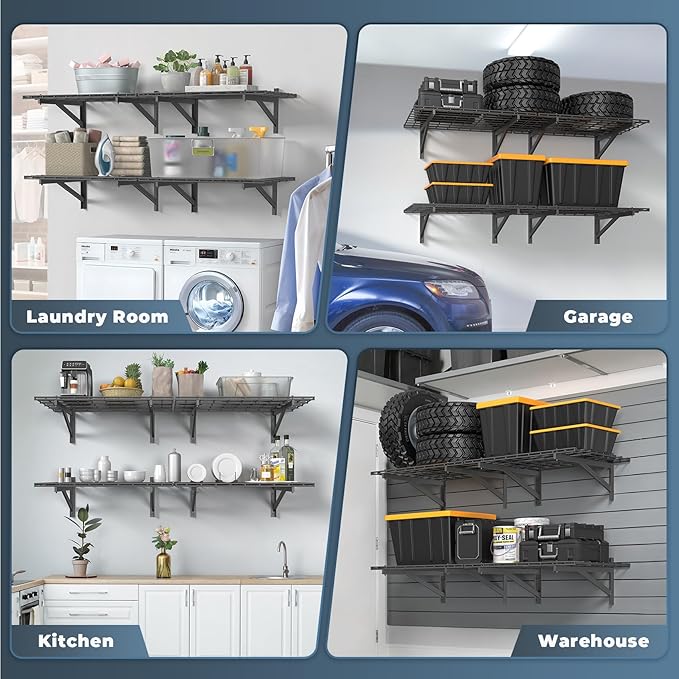 4 Pack Heavy Duty Garage Wall Shelving Set (2x3ft), Wall Mounted Garage Shelves 1400lbs Capacity, 24
