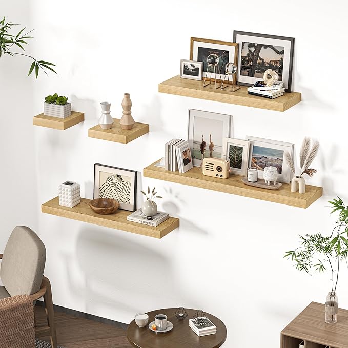 24 Inch Floating Shelves for Wall, Wooden Wall Mounted Display Shelves with Invisible Brackets for Living Room, Bedroom, Bathroom, Kitchen Decor and Storage, Set of 2, Oak