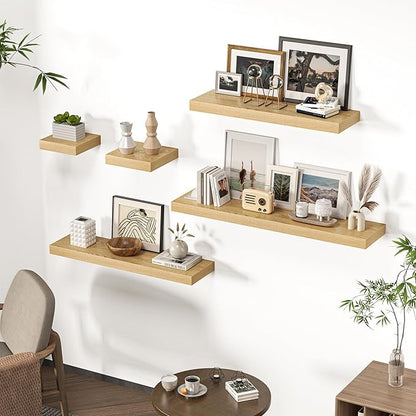 24 Inch Floating Shelves for Wall, Wooden Wall Mounted Display Shelves with Invisible Brackets for Living Room, Bedroom, Bathroom, Kitchen Decor and Storage, Set of 2, Oak