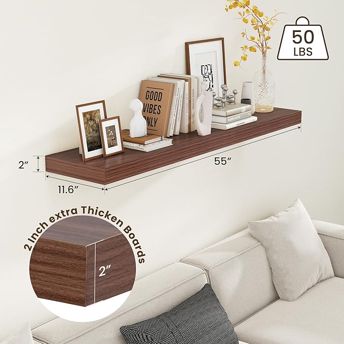 12 Inch Deep Floating Shelves | 55 Inch Walnut Floating Shelves | 55