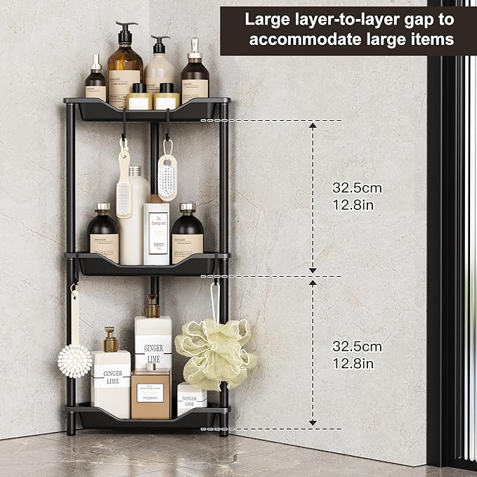 Orimade Rustproof 3 Tier Floor Standing Corner Shower Caddy Organizer, Plastic Metal Splicing Floor Corner Shelf Rack Stands for Bathroom, Black