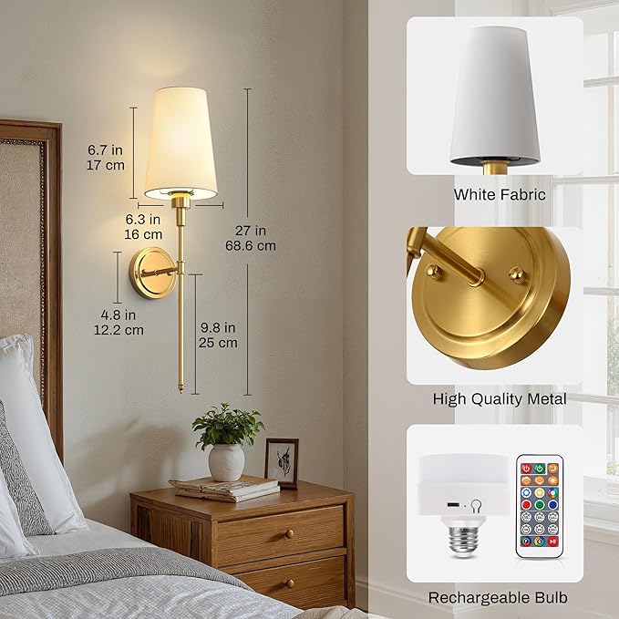 DORESshop Battery Operated Wall Sconce Set of 2, Wireless Wall Light Easy to Install, 15 Color Rechargeable Wall Sconces, Sconce Wall Decor Set of 2 for Bedroom, Living Room, Gold, 27in