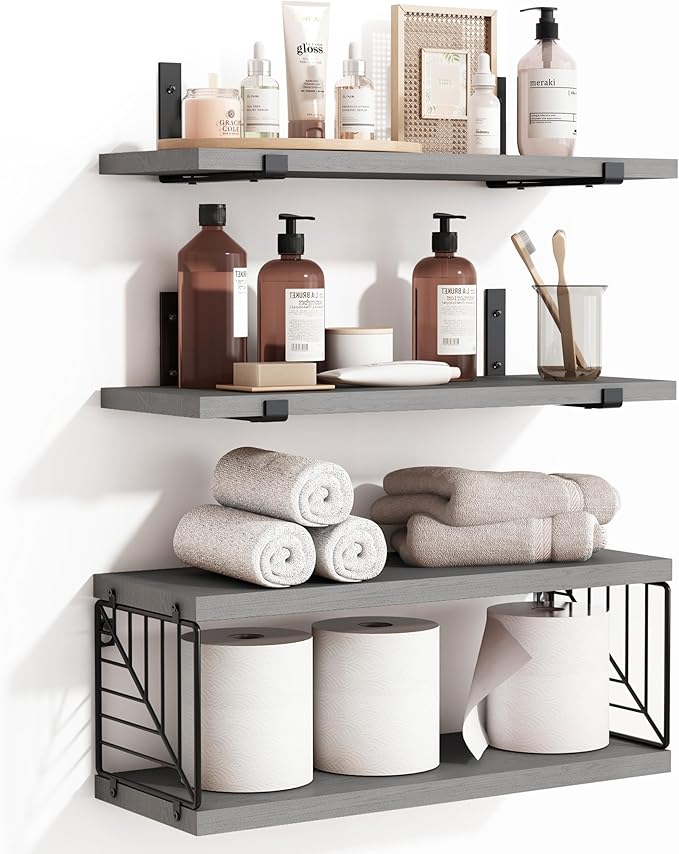Fixwal 3+1 Tier Bathroom Floating Shelves Over Toilet, 15.8in Farmhouse Rustic Wood Shelves, Wall Decor for Bathroom, Living Room,Bedroom and Kitchen (Gray)