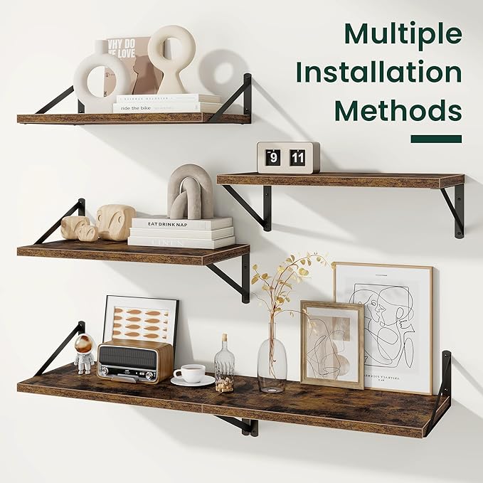 Floating Shelves, 12 Inch Deep Rustic Wood Wall Storage, 36W x 12D Wall Shelves Set of 2, Heavy Duty Metal Brackets, Large Industrial Book Shelf for Living Room, Kitchen, Bedroom, Brown