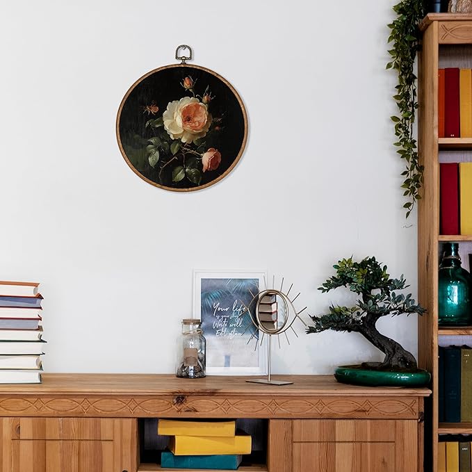 KSDUT Retro Flower Wall Art Decor - Botanical Neutral Mid Century Modern Wall Art Canvas Frame Hanging Prints, Vintage Landscape Round Wall Art Decor for Bedroom Decorations 10"x10"