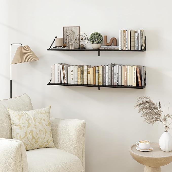 Heimlove Black Deep Floating Shelves for Wall, 40W x 8D Wood Wall Shelves Set of 2, Wide Floating Bookshelf for Living Room, Kitchen, Office, Bedroom and Decor Storage, with Metal Bracket - Black