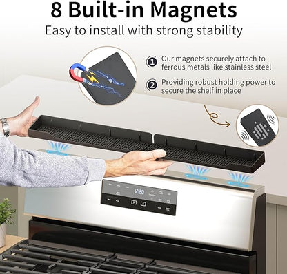 Magnetic Stove Top Shelf, 30 Inch Magnetic Silicone Kitchen Spice Rack for Back of Stove, Over the Stove Top Kitchen Organization, Oven Shelf, Seasoning Organizers, Easy to Clean, Black
