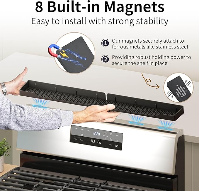 Magnetic Stove Top Shelf, 30 Inch Magnetic Silicone Kitchen Spice Rack for Back of Stove, Over the Stove Top Kitchen Organization, Oven Shelf, Seasoning Organizers, Easy to Clean, Black