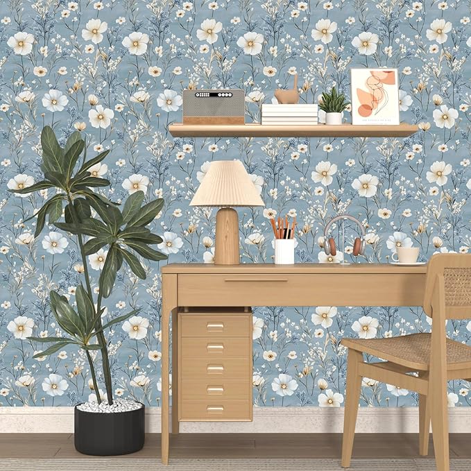Blue Floral Peel and Stick Wallpaper White Botanical Contact Paper Vintage Leaf Wall Mural for Bedroom Bathroom Vinyl Waterproof Self Adhesive Removable Renter Dorm Wall Paper 17.5" x 118"