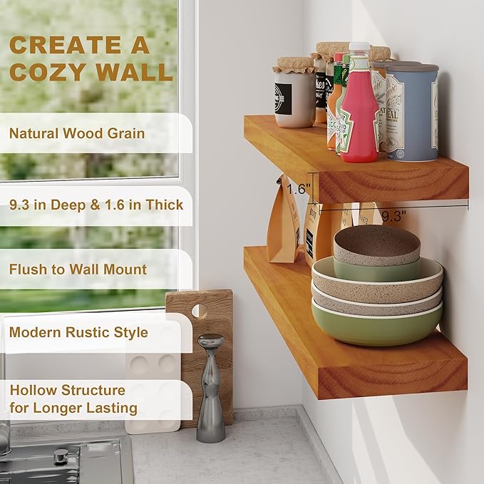 Fun Memories Floating Shelves, 9.3 Inch Deep Solid Pine Wood Wall Shelves for Storage, Rustic Wall Mounted Display Shelf with Invisible Heavy-Duty Metal Bracket, 48 Inch Width, Honey Oak