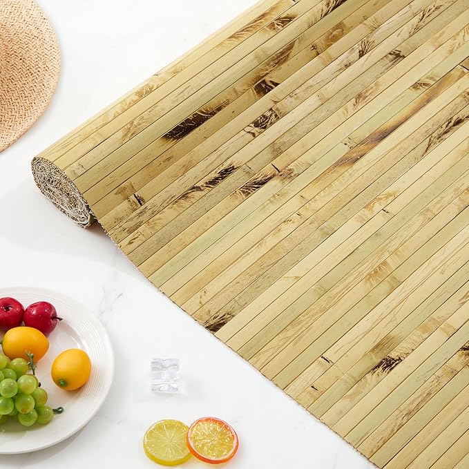 Juexica 2 Pcs Natural Bamboo Wall Panel for Interior Wall 48''x96'' Bamboo Covering Renewable Pole Wainscoting Room Divider Wrap Decor for Bedroom Living Room Kitchen Island Office (Light Burned)