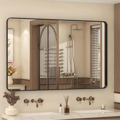 48x30 Inch Black Framed Mirror for Wall, Matte Black Bathroom Rectangle Mirror, Rounded Corner, Anti-Rust, Shatterproof (Horizontal/Vertical)
