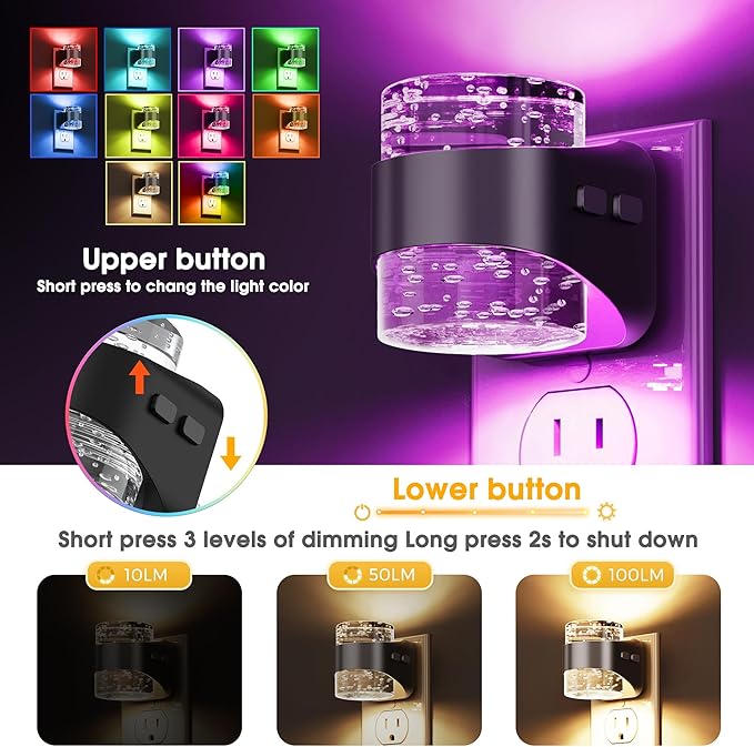 L LOHAS LED Night Light, RGB Bubble Night Lights Plug into Wall, 2 Pack 10-Color Change Night Light,Dimmable Nightlights with Dusk to Dawn Sensor for Rooms Bathroom Hallway