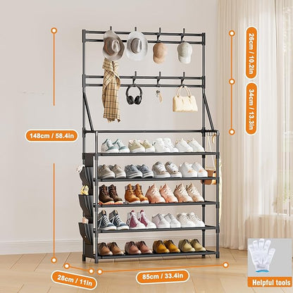 OYREL Shoe Rack 5 Tier Shoe Racks Organizer 20-25 Pairs Shoes Rack for Closet Entrance Shoe Storage Organizer with Hooks and Side Pocket Entryway Shoe Holder Space Saving Free Standing Shoe Racks