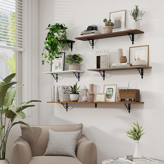RICHFOCUS Floating Shelves for Wall Decor, 39.4W x 8D Shelves Set of 2, 8 Inch Deep Rustic Wood Shelves Wall Mounted with Brackets, Long Floating Shelves for Living Room Bedroom Kitchen, White