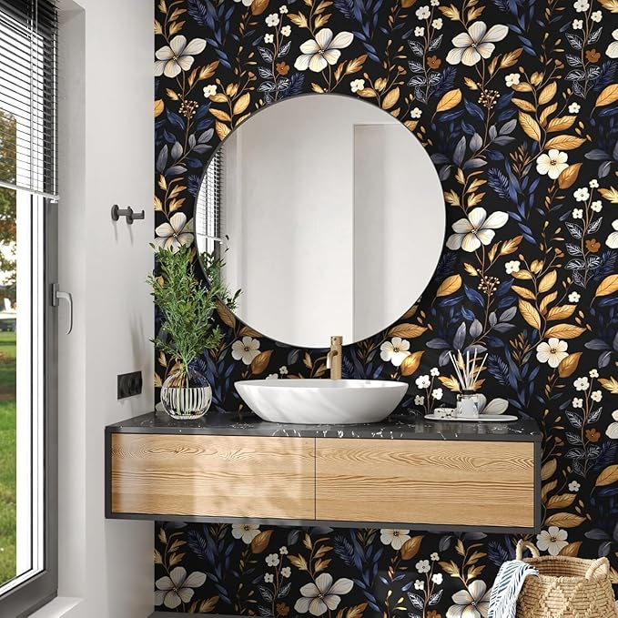 Vintage Dark Floral Wallpaper Peel and Stick Blue/Gold Leaf Wallpaper Waterproof Self Adhesive Removable Boho Wall Paper Modern for Bedroom Walls Drawer Cabinet 17.5in x 197in