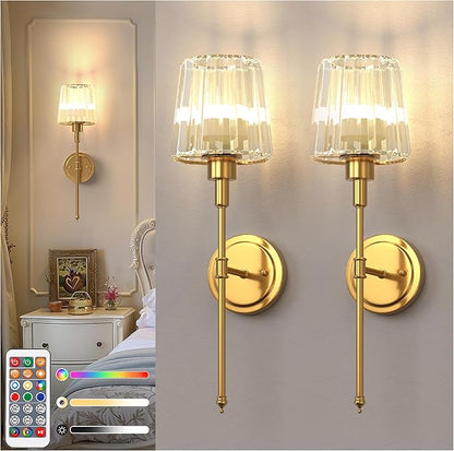 DORESshop Battery Operated Wall Sconce Set of 2, Wireless Wall Light, 15 Color Rechargeable Wall Sconces, Sconce Wall Decor Set of 2 for Bedroom, Living Room, Gold and Crystal, 24.6in