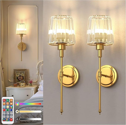 DORESshop Battery Operated Wall Sconce Set of 2, Wireless Wall Light, 15 Color Rechargeable Wall Sconces, Sconce Wall Decor Set of 2 for Bedroom, Living Room, Gold and Crystal, 24.6in