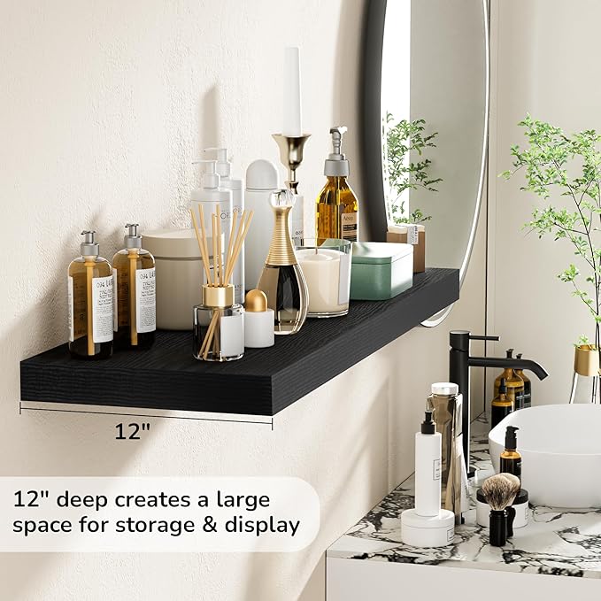 Fun Memories Floating Shelves - 2 Pack 12 Inch Rustic Wooden Wall Shelves - Extra Deeper & Thicker Wall Mounted Storage Shelf for Living Room, Kitchen, Farmhouse - 36