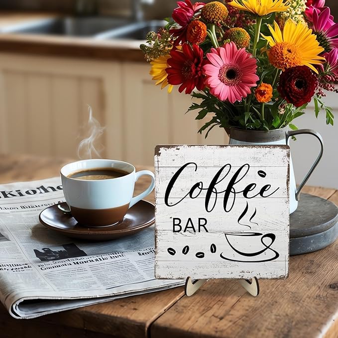 Coffee Bar Decor Sign – Rustic Wooden Plaque for Coffee Station, Farmhouse Cafe Shelf Accessories, Desk or Kitchen Counter Decor,Birthday,Mother Day Gift 5.9 x 5.9 Inch