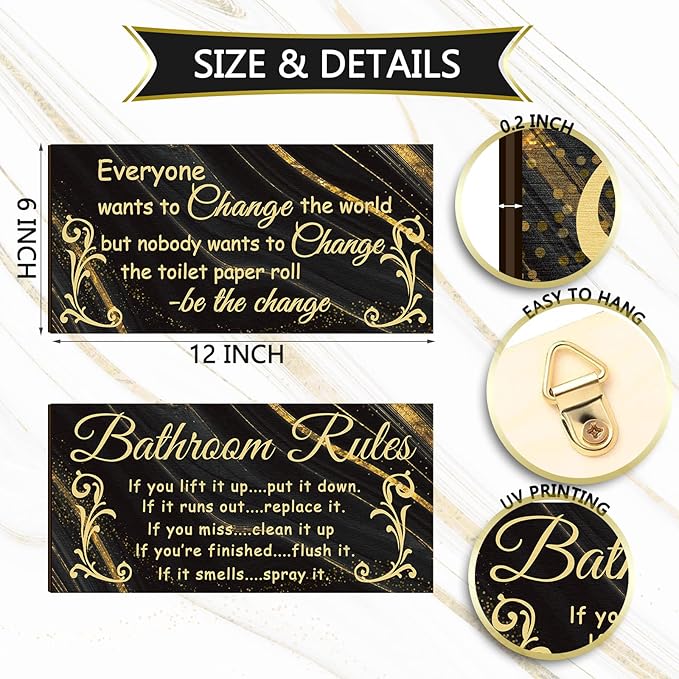 Jetec 2 Pieces Funny Bathroom Signs Bathroom Wall Decor Toilet Wall Accessories Farmhouse Toilet Rustic Wooden Signs, 12x6 Inch(Cool Style)